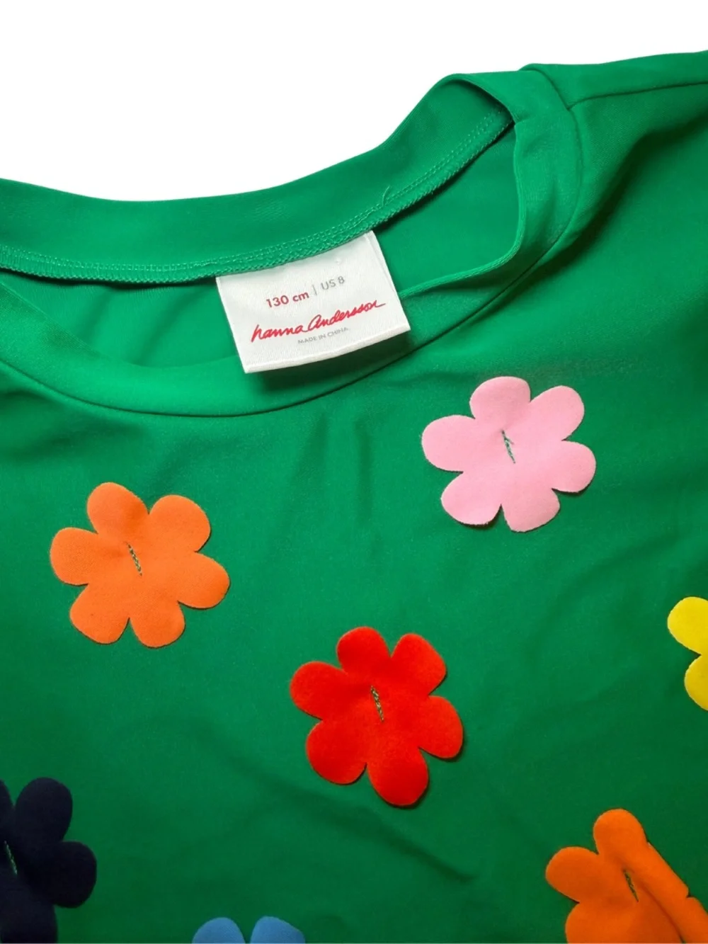 Hanna Andersson Rash Guard Long Sleeve Green with Bright Flower Applique